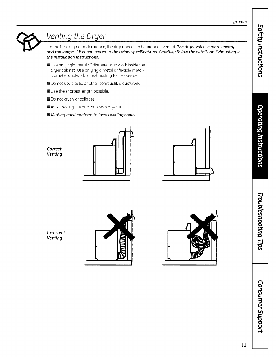 Venting the dryer, Venting, Dryer | GE 175D1807P596 User Manual | Page 11 / 16