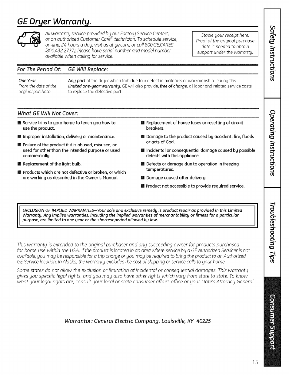 Ge dryer warrantu, For the period of: ge will replace, What ge will not cover | V) 3 | GE 175D1807P596 User Manual | Page 15 / 16