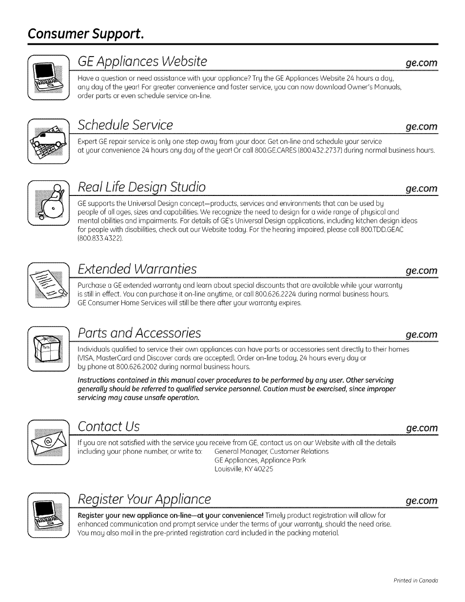 Consumer support, Ge appliances website, Schedule service | Real life design studio, Extended warranties, Parts and accessories, Contact us, Register your appliance | GE 175D1807P596 User Manual | Page 16 / 16