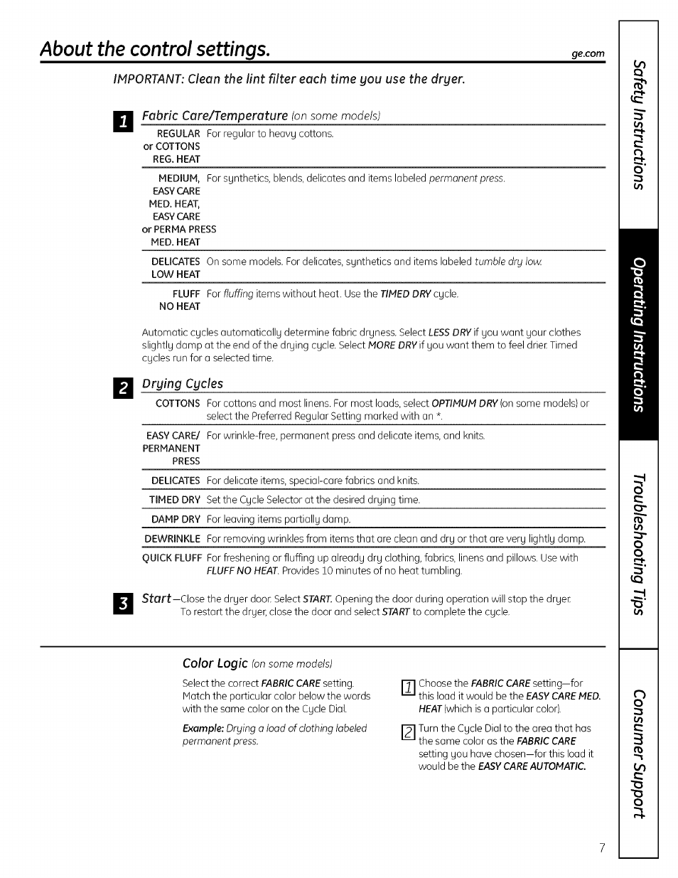 Easy care med. heat, Easy care or ferma press, Med. heat | Low heat, No heat, Easy care/ permanent press, Drying, About the control settings, Co c | GE 175D1807P596 User Manual | Page 7 / 16