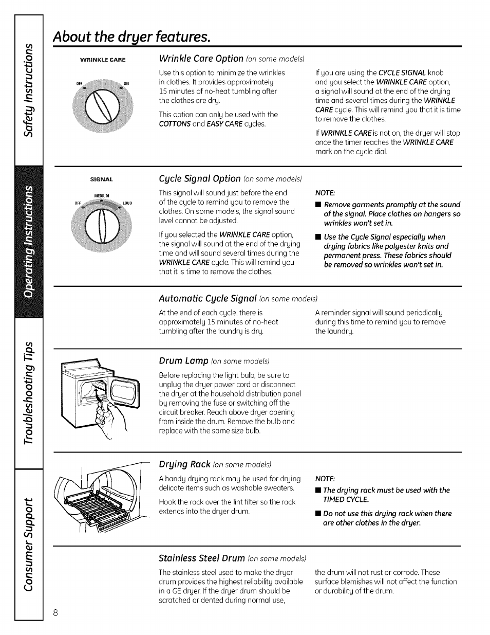 About the dryer features | GE 175D1807P596 User Manual | Page 8 / 16