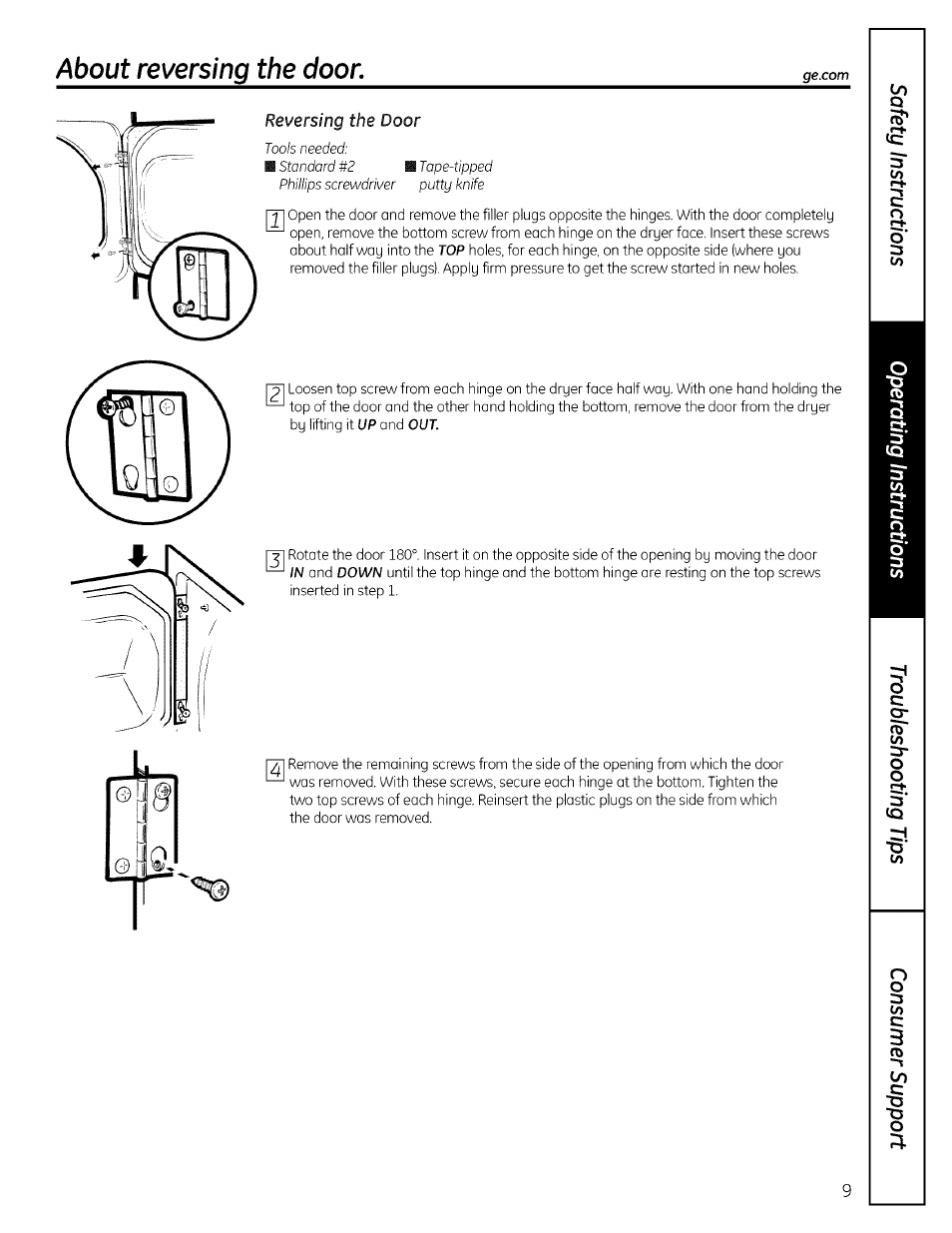 Reversing the door, About reversing the door | GE 175D1807P596 User Manual | Page 9 / 16