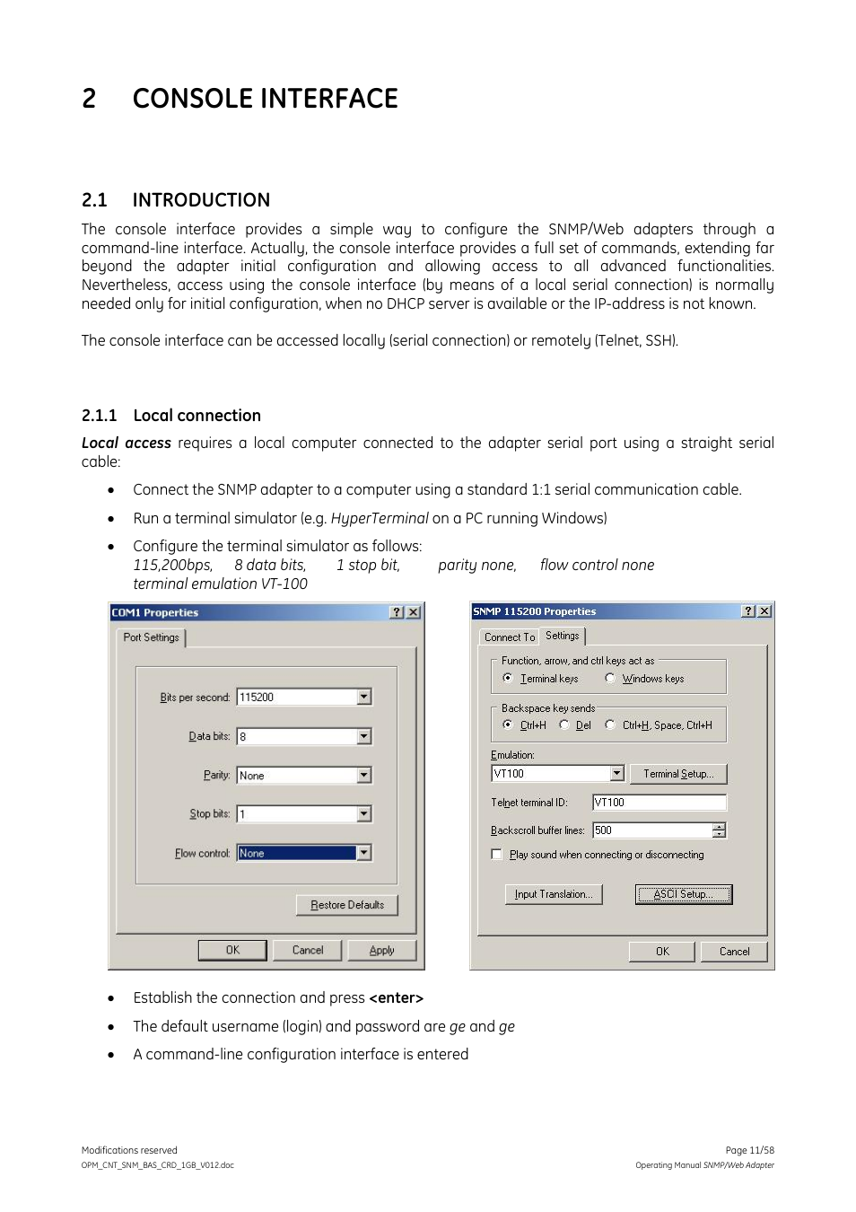 2 console interface, 1 introduction, 1 local connection | Console interface, Introduction, Local connection | GE 1019070 User Manual | Page 11 / 58