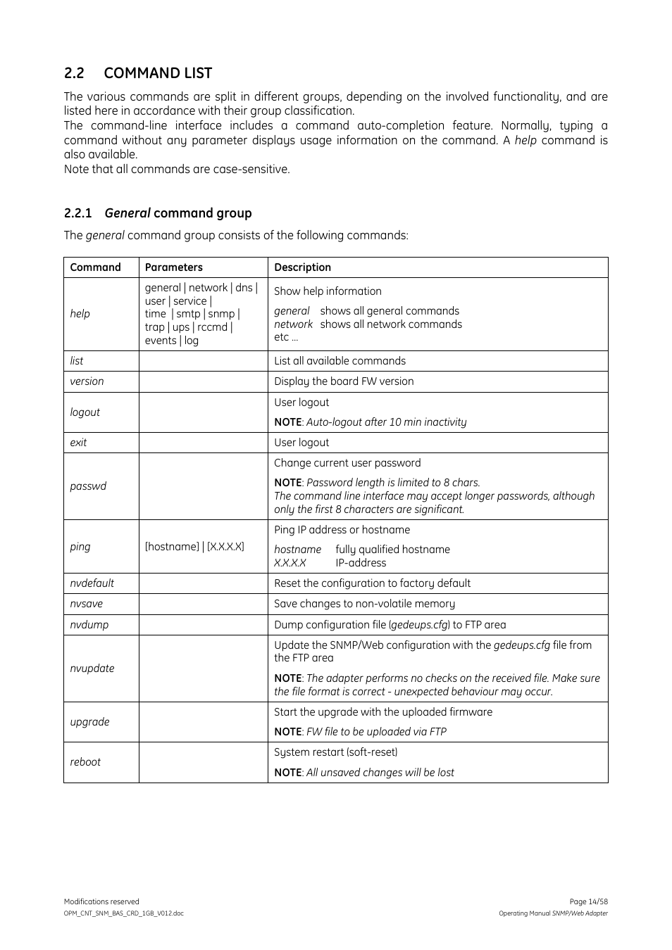 2 command list, 1 general command group, Command list | General command group | GE 1019070 User Manual | Page 14 / 58