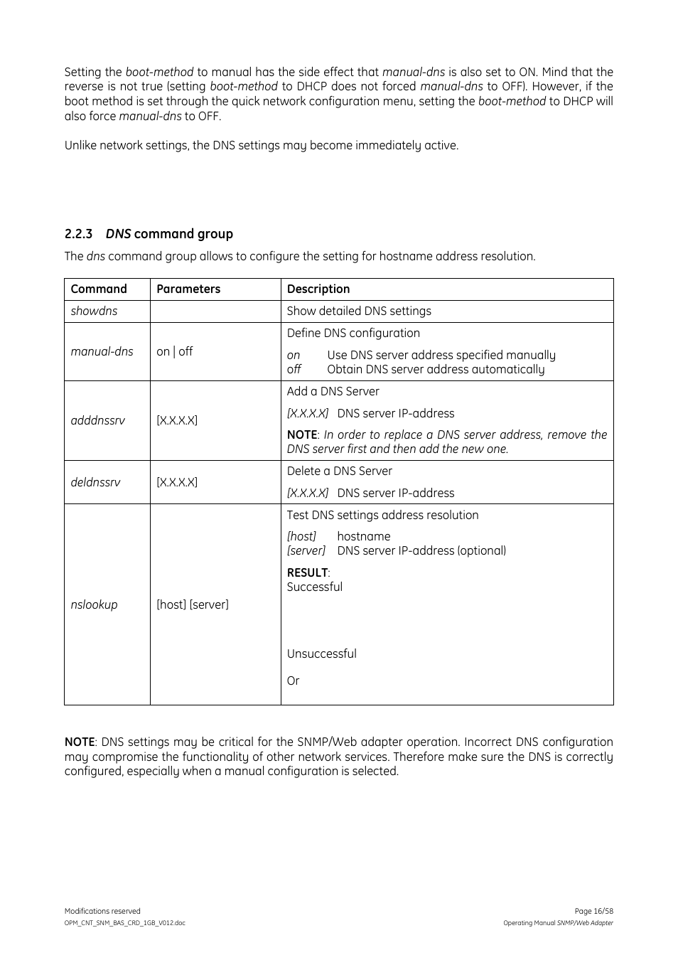 3 dns command group, Dns command group | GE 1019070 User Manual | Page 16 / 58