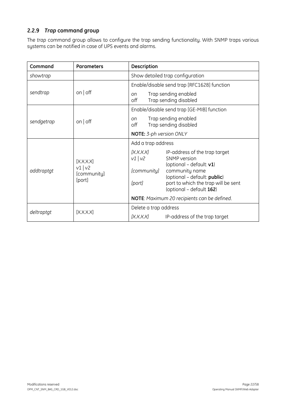 9 trap command group, Trap command group | GE 1019070 User Manual | Page 22 / 58