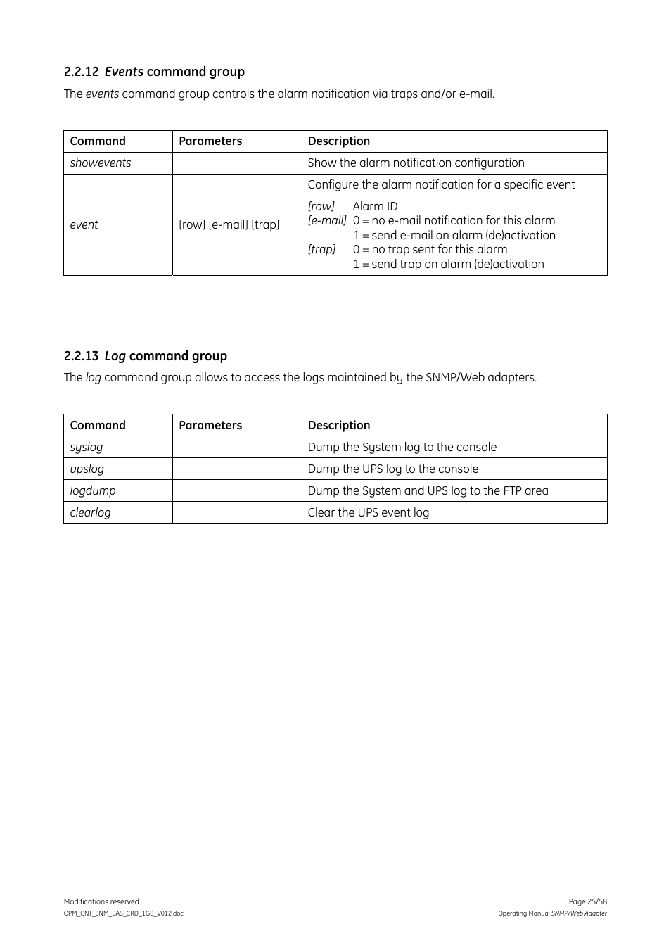 12 events command group, 13 log command group, Events command group | Log command group | GE 1019070 User Manual | Page 25 / 58