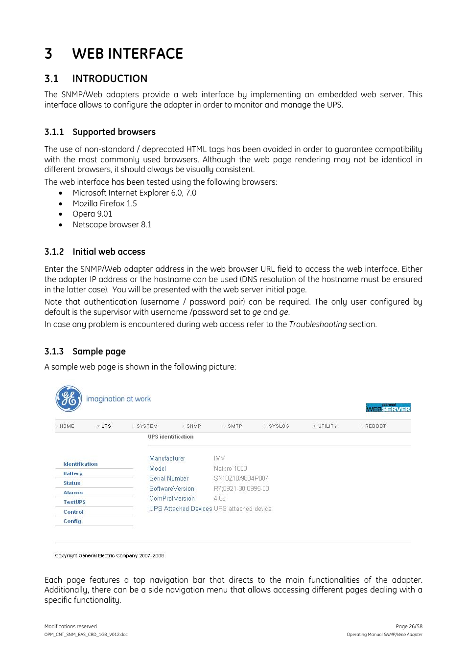 3 web interface, 1 introduction, 1 supported browsers | 2 initial web access, Web interface, Introduction, Supported browsers, Initial web access | GE 1019070 User Manual | Page 26 / 58