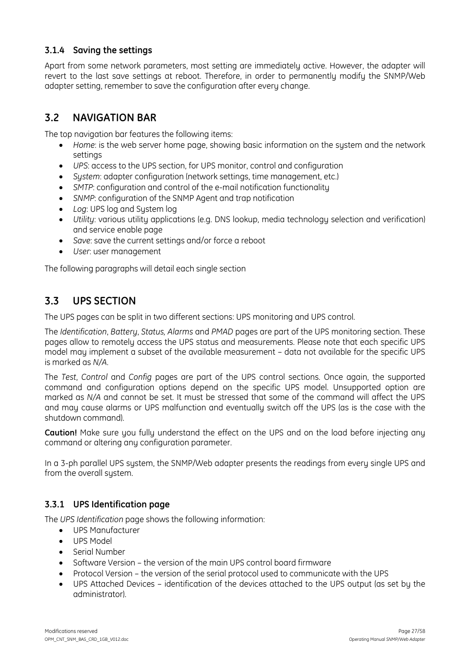 4 saving the settings, 2 navigation bar, 3 ups section | Saving the settings, Navigation bar, Ups section | GE 1019070 User Manual | Page 27 / 58