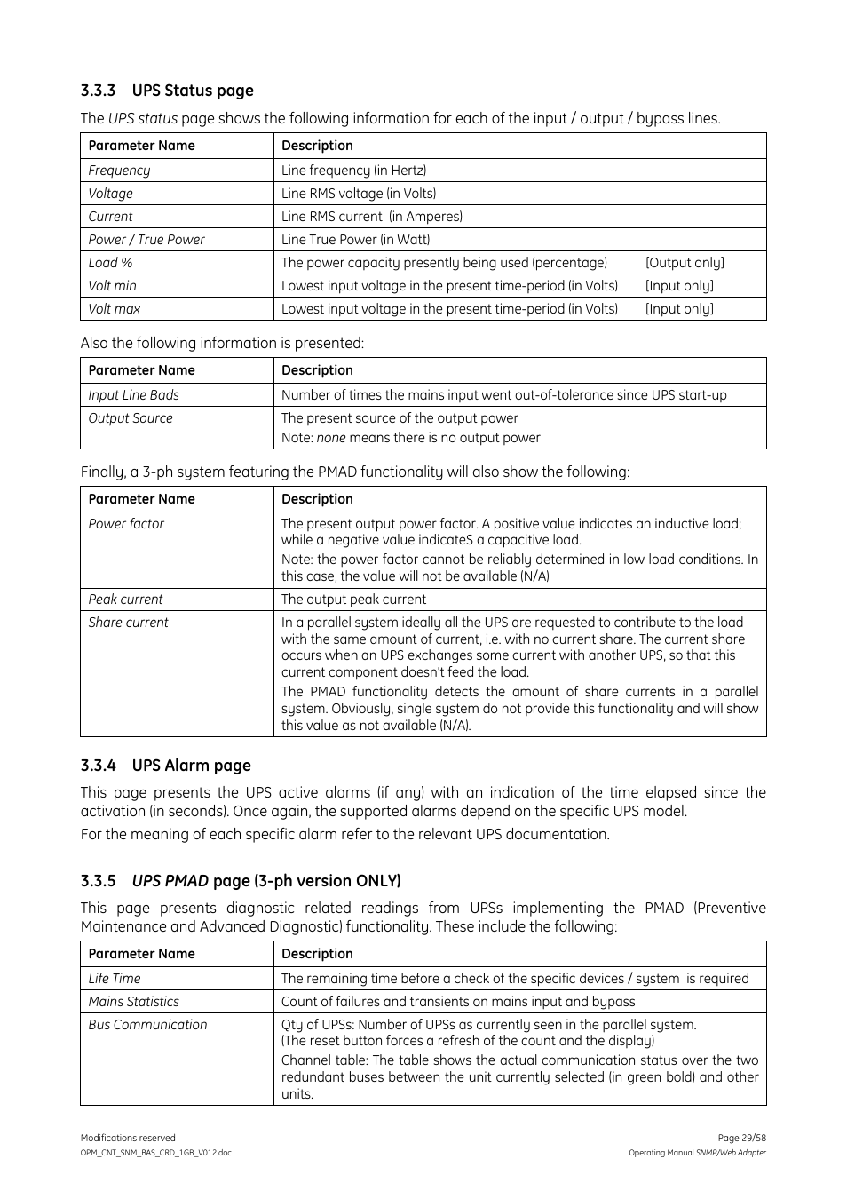 3 ups status page, 4 ups alarm page, 5 ups pmad page (3-ph version only) | GE 1019070 User Manual | Page 29 / 58