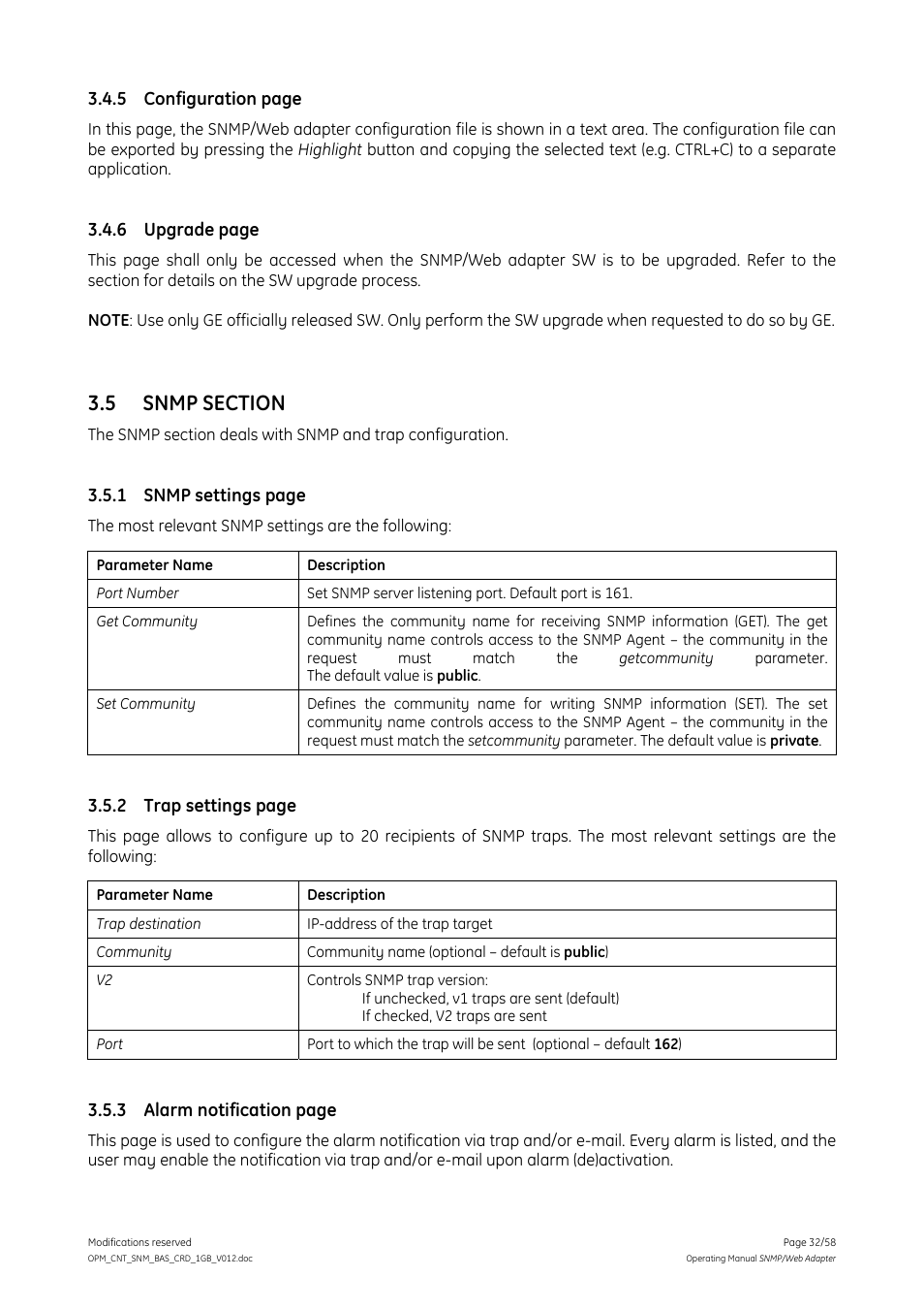 5 snmp section, Snmp section | GE 1019070 User Manual | Page 32 / 58