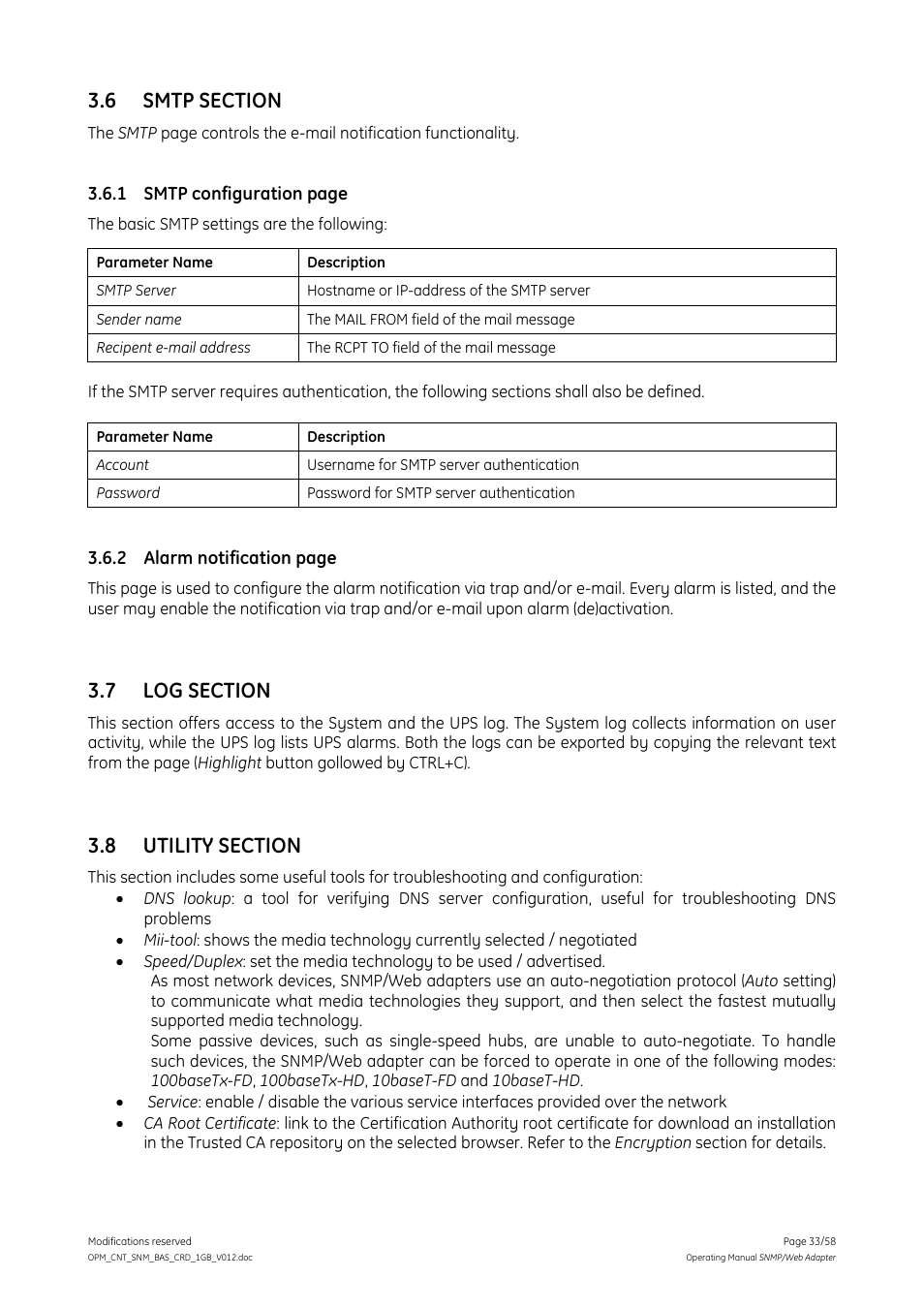 6 smtp section, 7 log section, 8 utility section | Smtp section, Log section, Utility section | GE 1019070 User Manual | Page 33 / 58