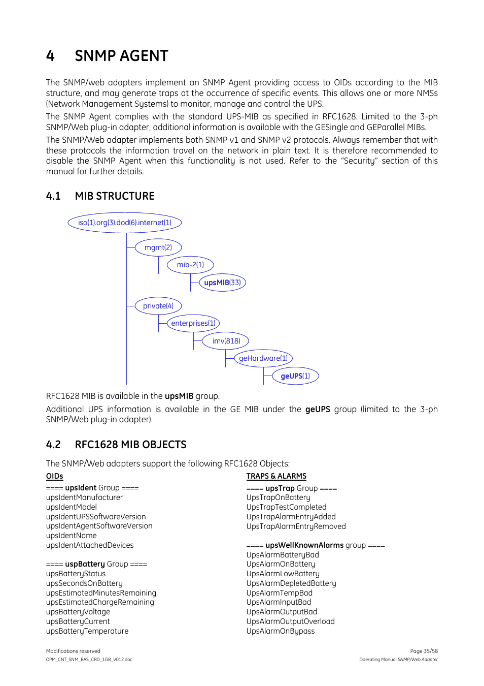 4 snmp agent, Mib structure, 2 rfc1628 mib objects | Snmp agent, Rfc1628 mib objects, 1 mib structure | GE 1019070 User Manual | Page 35 / 58