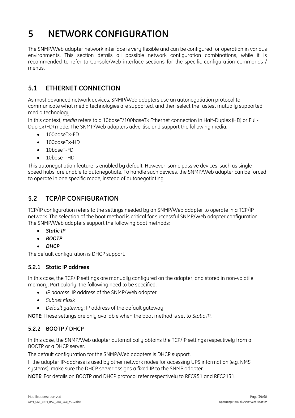 5 network configuration, 1 ethernet connection, 2 tcp/ip configuration | 1 static ip address, 2 bootp / dhcp, Network configuration, Ethernet connection, Tcp/ip configuration, Static ip address, Bootp / dhcp | GE 1019070 User Manual | Page 39 / 58