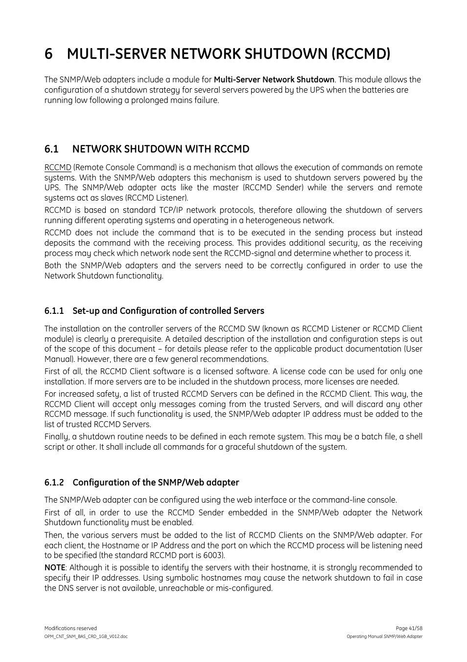 6 multi-server network shutdown (rccmd), 1 network shutdown with rccmd, 1 set-up and configuration of controlled servers | 2 configuration of the snmp/web adapter, Multi-server network shutdown (rccmd), Network shutdown with rccmd, Set-up and configuration of controlled servers, Configuration of the snmp/web adapter | GE 1019070 User Manual | Page 41 / 58