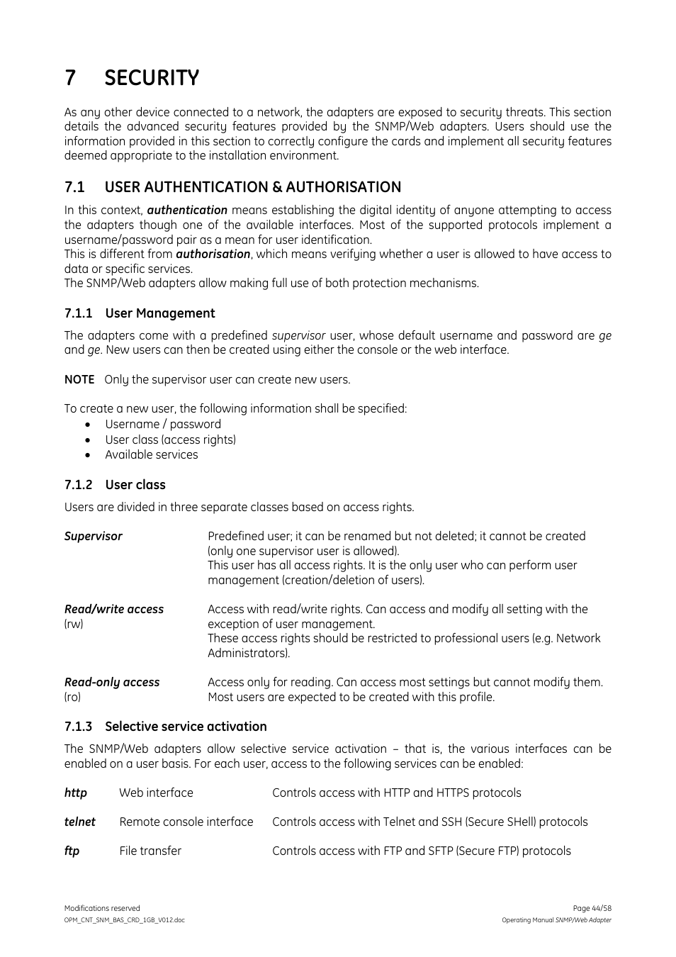 7 security, 1 user authentication & authorisation, 1 user management | 2 user class, 3 selective service activation, Security, User authentication & authorisation, User management, User class, Selective service activation | GE 1019070 User Manual | Page 44 / 58