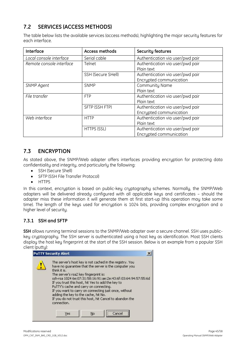 2 services (access methods), 3 encryption, 1 ssh and sftp | Services (access methods), Encryption, Ssh and sftp | GE 1019070 User Manual | Page 45 / 58