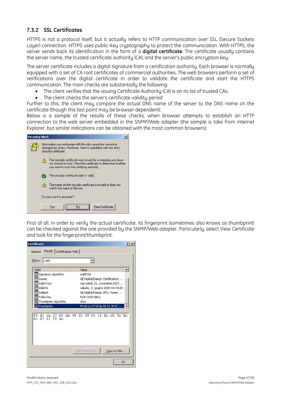 2 ssl certificates, Ssl certificates | GE 1019070 User Manual | Page 47 / 58