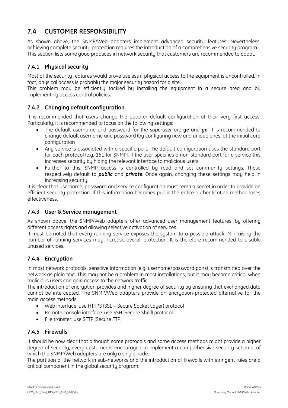 4 customer responsibility, 1 physical security, 2 changing default configuration | 3 user & service management, 4 encryption, 5 firewalls, Customer responsibility, Physical security, Changing default configuration, User & service management | GE 1019070 User Manual | Page 49 / 58