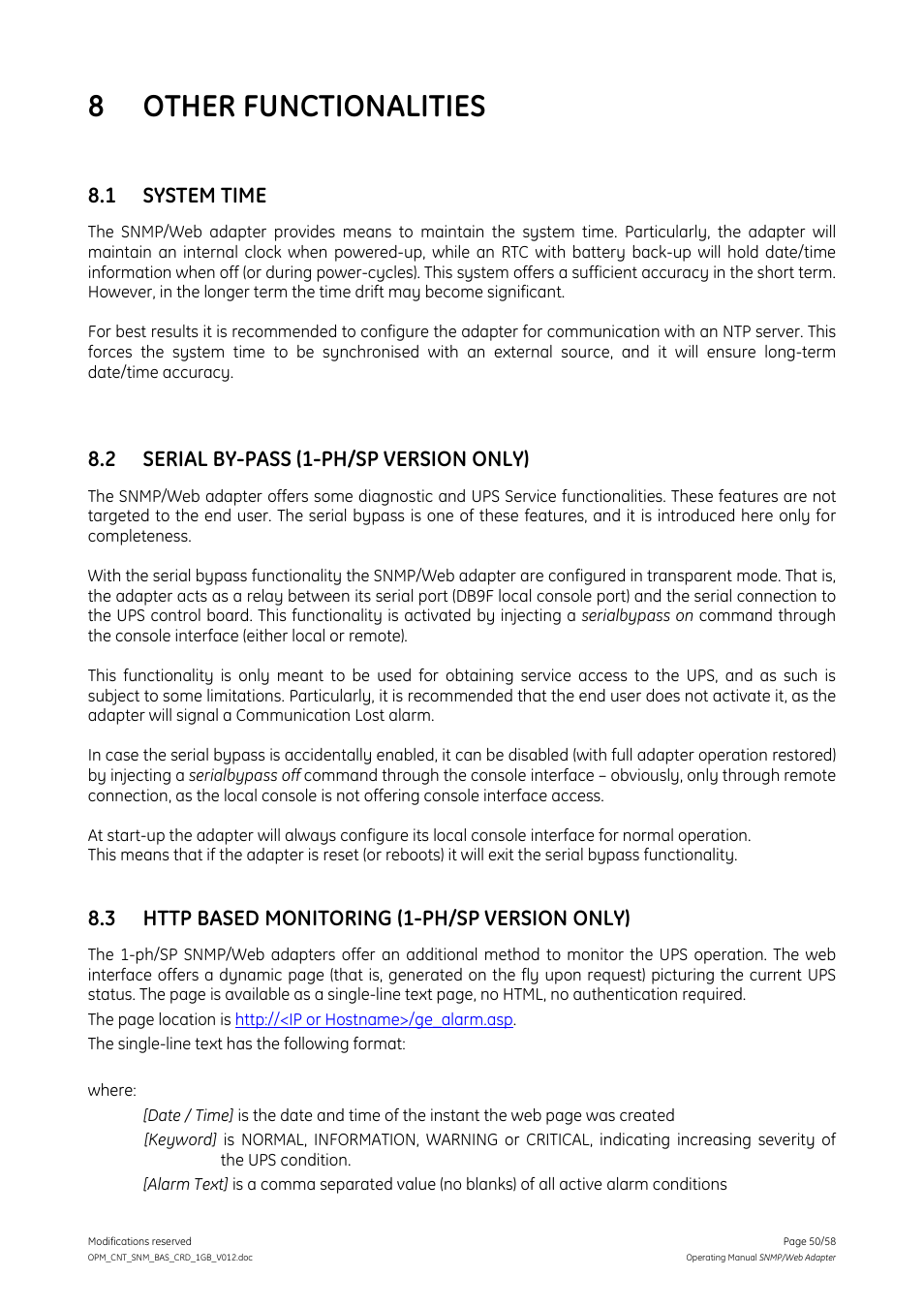 8 other functionalities, 1 system time, 2 serial by-pass (1-ph/sp version only) | 3 http based monitoring (1-ph/sp version only), Other functionalities, System time, Serial by-pass (1-ph/sp version only), Http based monitoring (1-ph/sp version only) | GE 1019070 User Manual | Page 50 / 58