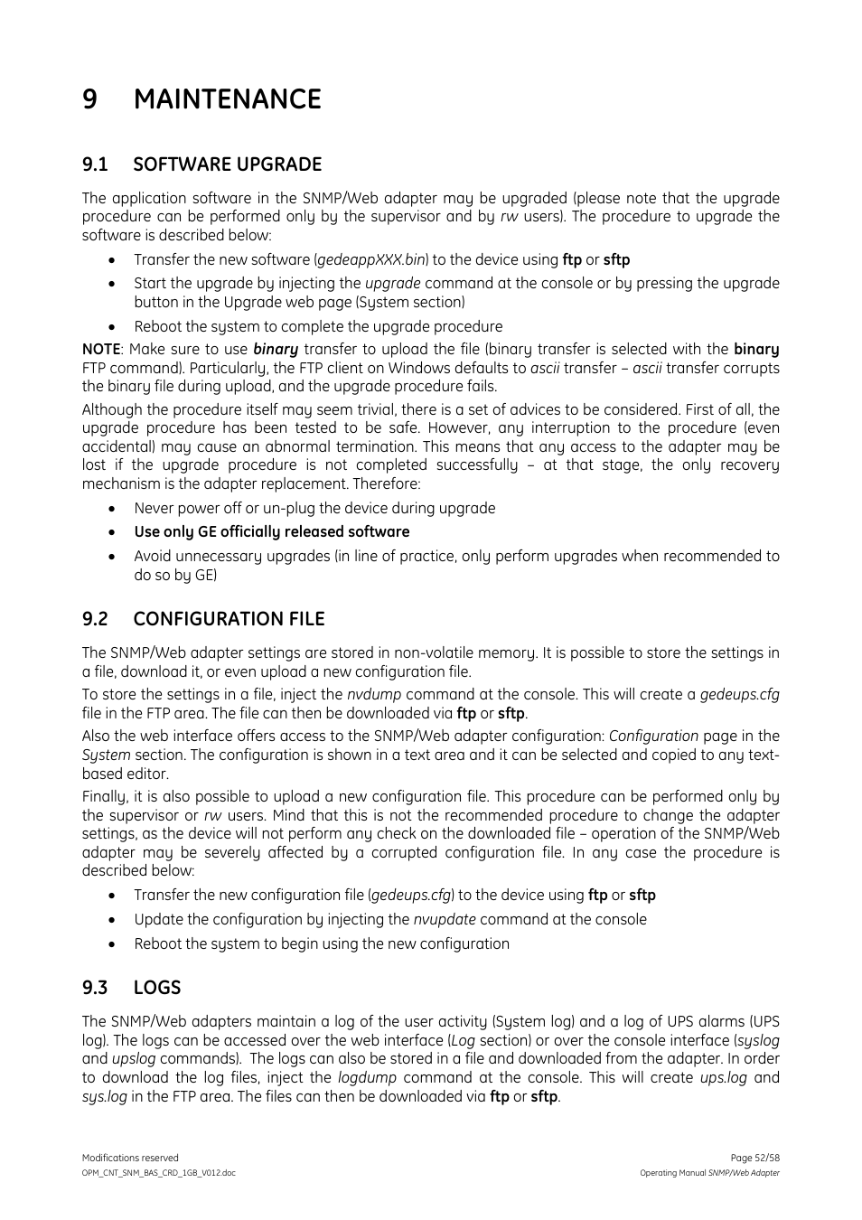 9 maintenance, 1 software upgrade, 2 configuration file | 3 logs, Maintenance, Software upgrade, Configuration file, Logs | GE 1019070 User Manual | Page 52 / 58