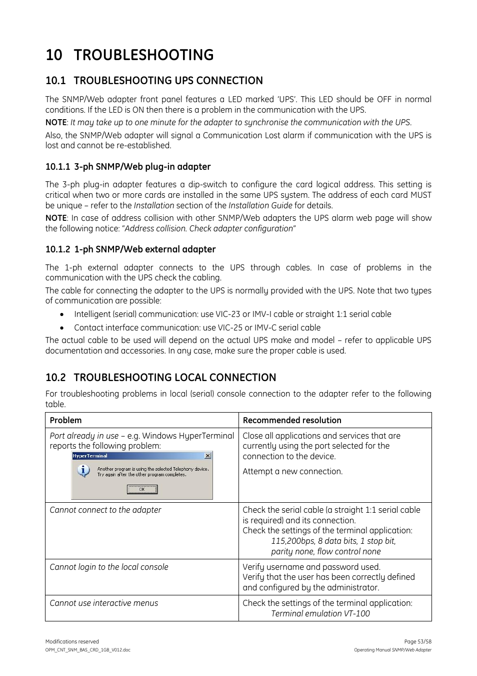 10 troubleshooting, 1 troubleshooting ups connection, 1 3-ph snmp/web plug-in adapter | 2 1-ph snmp/web external adapter, 2 troubleshooting local connection, Troubleshooting, Ph snmp/web external adapter, Troubleshooting local connection | GE 1019070 User Manual | Page 53 / 58