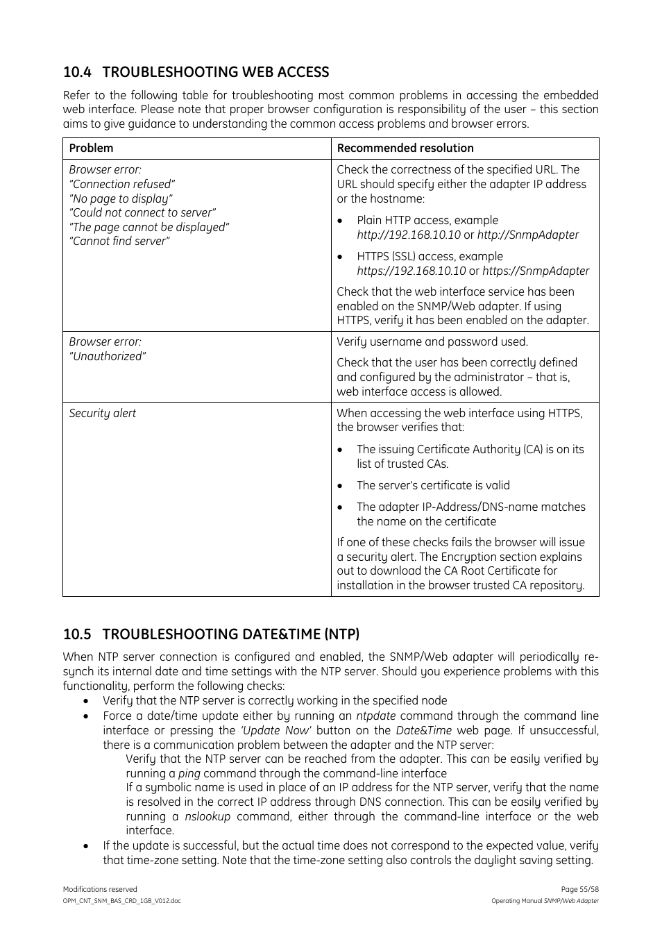 4 troubleshooting web access, 5 troubleshooting date&time (ntp), Troubleshooting date&time (ntp) | GE 1019070 User Manual | Page 55 / 58