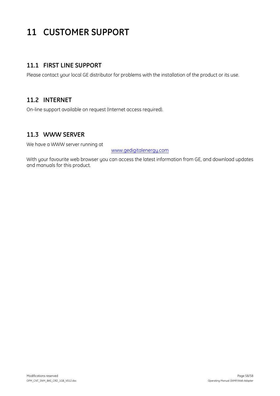 11 customer support, 1 first line support, 2 internet | 3 www server | GE 1019070 User Manual | Page 58 / 58