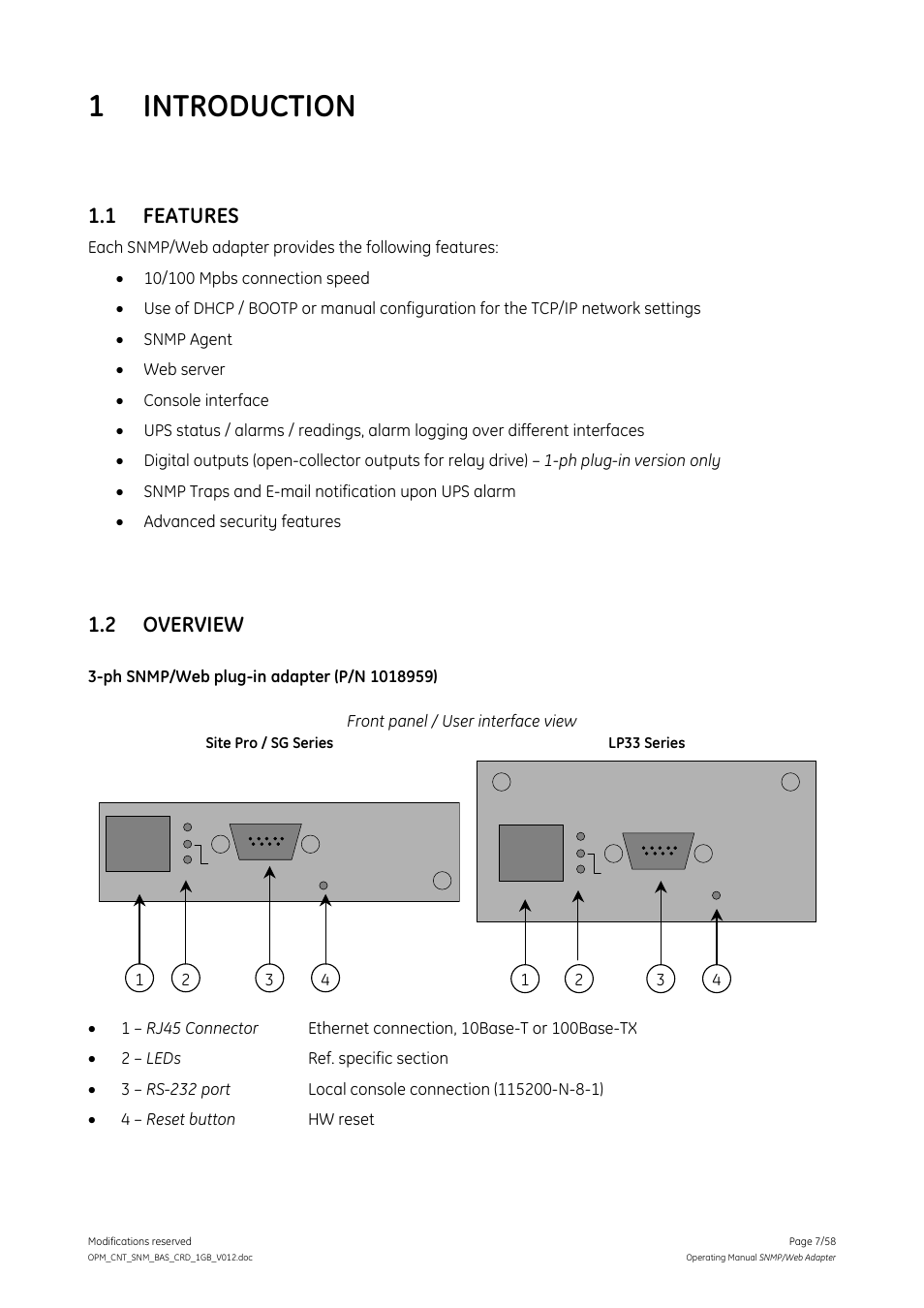 1 introduction, 1 features, 2 overview | Introduction, Features, Overview | GE 1019070 User Manual | Page 7 / 58