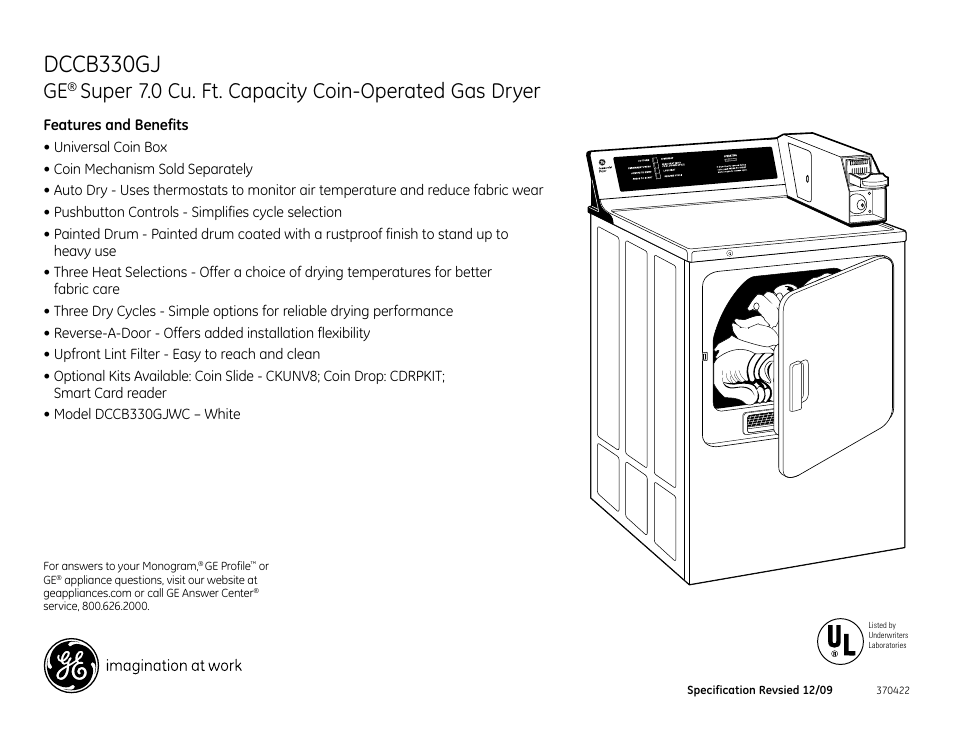 Dcb330eb, Dccb330gj, Super 7.0 cu. ft. capacity coin-operated gas dryer | GE DCCB330GJ User Manual | Page 3 / 3
