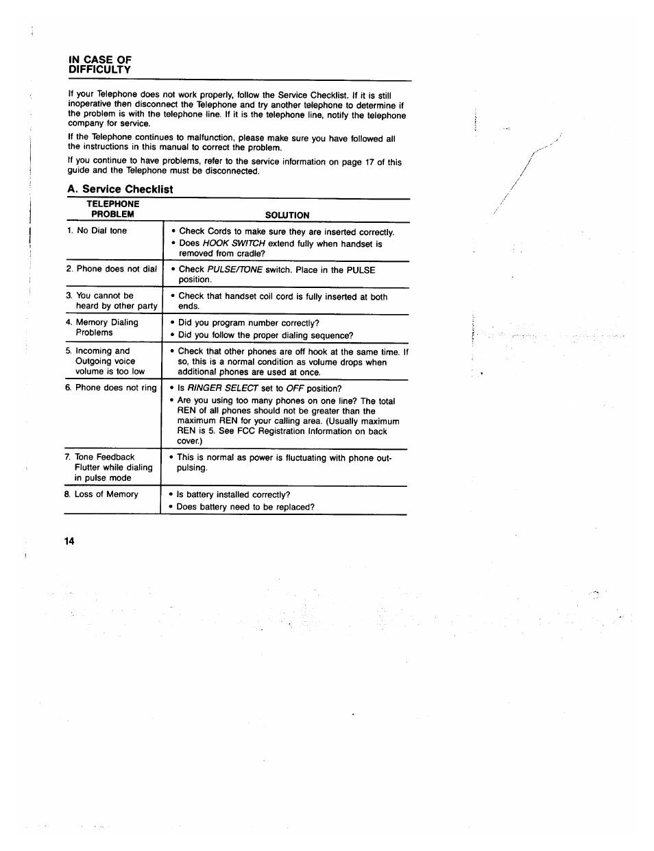 In case of difficulty, A. service checklist | GE 2-9235 User Manual | Page 14 / 16