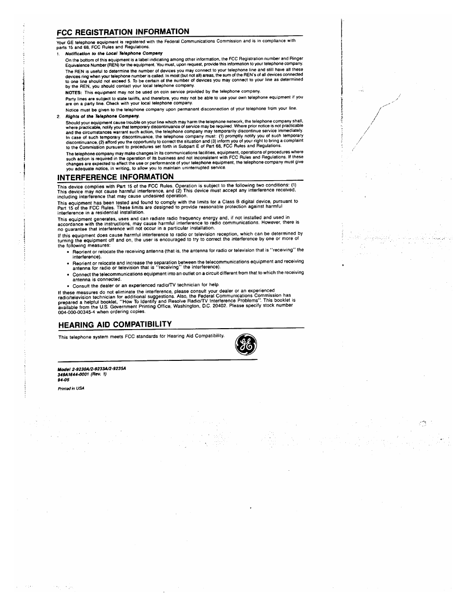 Fcc registration information, Interference information, Hearing aid compatibility | GE 2-9235 User Manual | Page 16 / 16