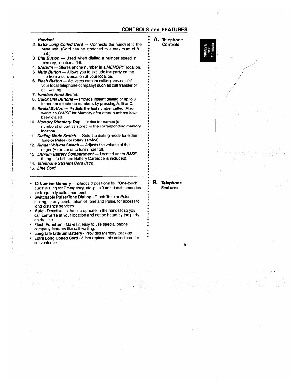 Telephone, Controls and features | GE 2-9235 User Manual | Page 5 / 16