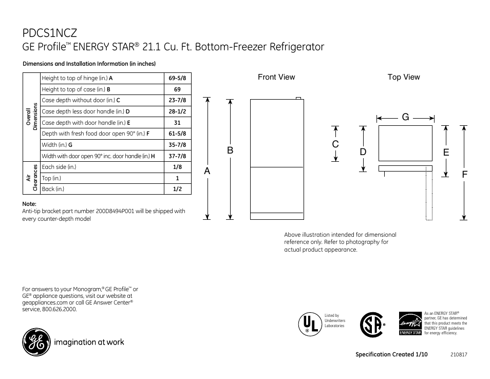 GE ENERGY PROFILE PDCS1NCZRSS User Manual | 2 pages