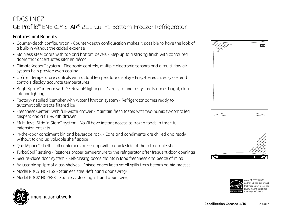 Pdcs1ncz, Ge profile, Energy star | 1 cu. ft. bottom-freezer refrigerator | GE ENERGY PROFILE PDCS1NCZRSS User Manual | Page 2 / 2