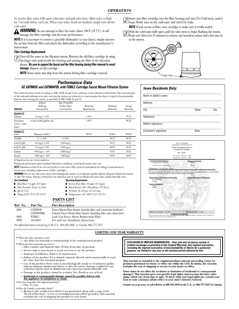 Operation, Performance data, Parts list | Limited one year warranty, Warning, Iowa residents only | GE GXFM04FBL User Manual | Page 2 / 6