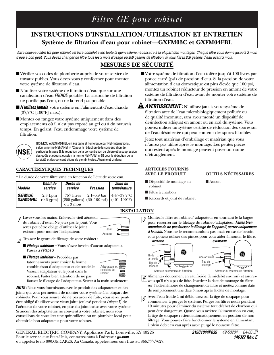 Francais, Mesures de sécurité, Installation | Filtre ge pour robinet | GE GXFM04FBL User Manual | Page 3 / 6