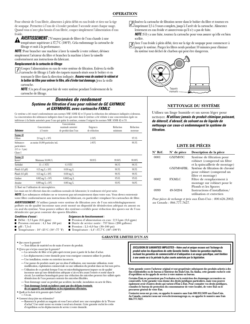 Operation, Données de rendement, Liste de pièces | Garantie limitee d’un an, Avertissement, Nettoyage du système | GE GXFM04FBL User Manual | Page 4 / 6