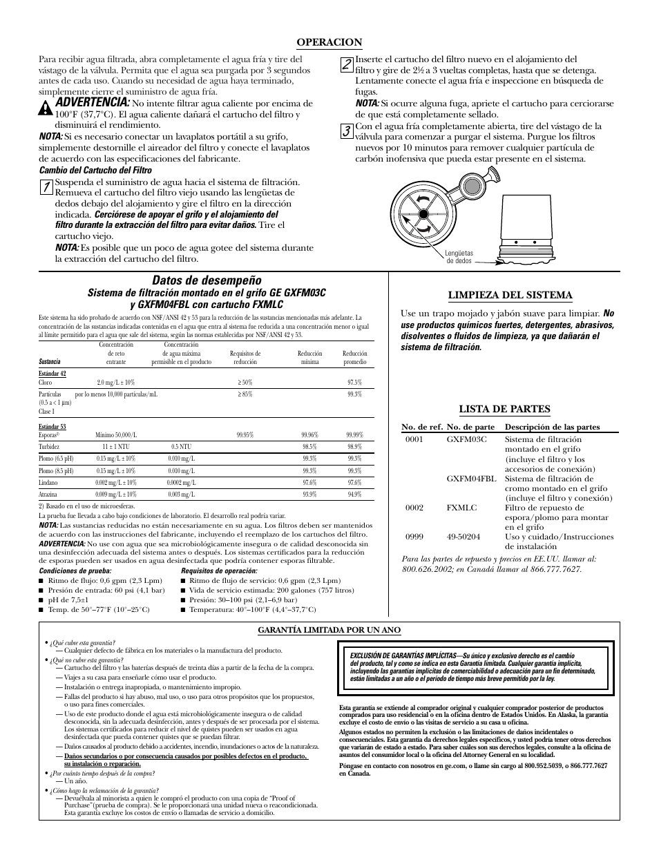 Operacion, Datos de desempeño, Lista de partes | Garantía limitada por un ano, Advertencia, Limpieza del sistema | GE GXFM04FBL User Manual | Page 6 / 6