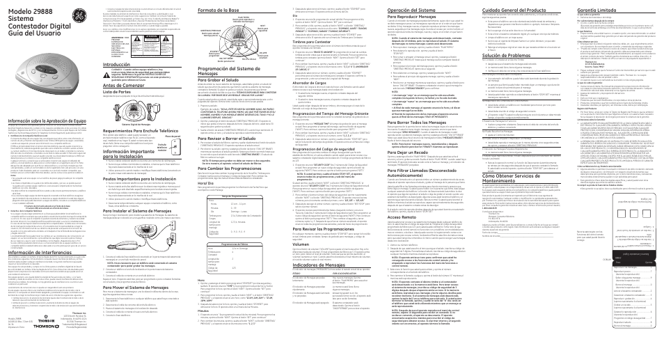 Operación del sistema, Cuidado general del producto, Solución de problemas | Cómo obtener servicios de mantenimiento, Información sobre la aprobación de equipo, Información de interferencias, Indicadores de mensajes, Garantía limitada, Introducción, Antes de comenzar | GE 29888 User Manual | Page 2 / 2