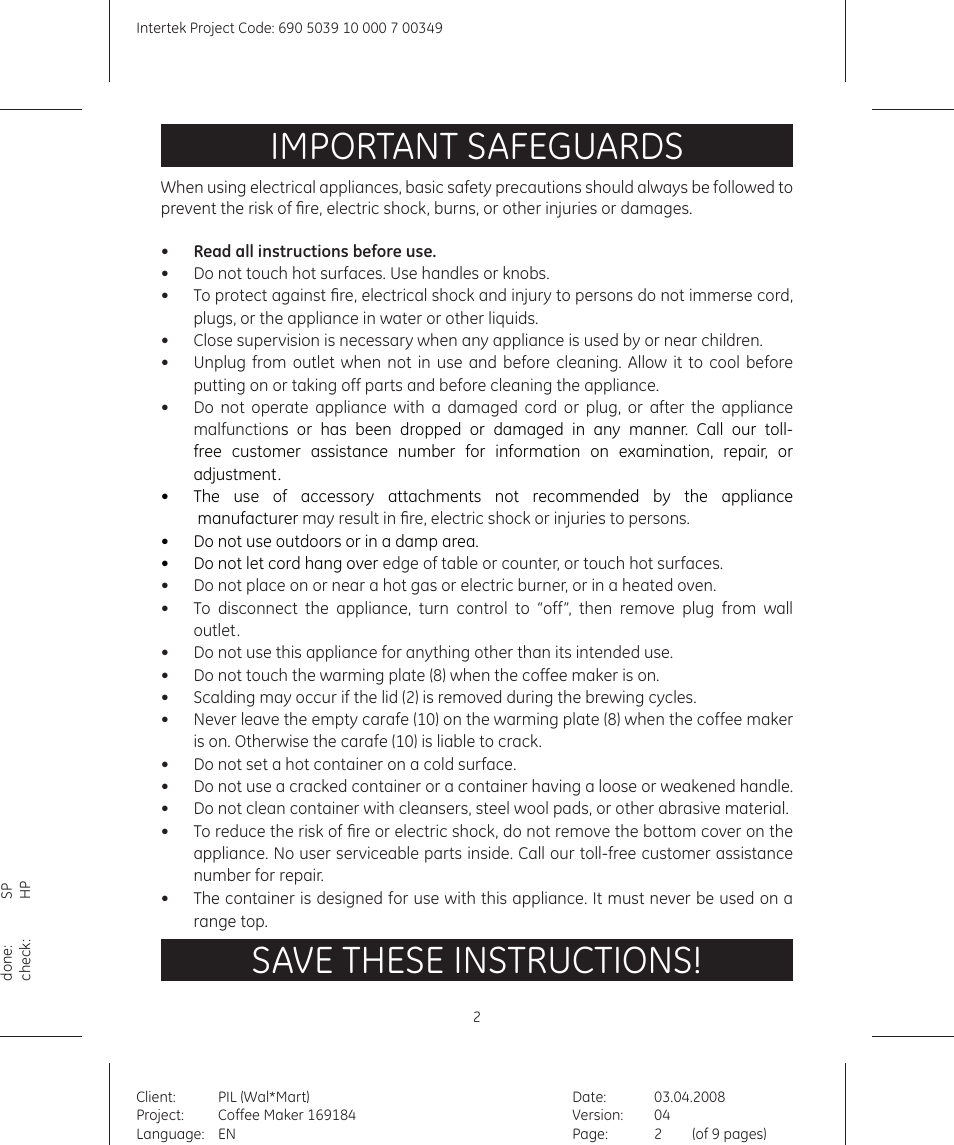 Important safeguards, Save these instructions | GE 690503910000700349 User Manual | Page 2 / 9