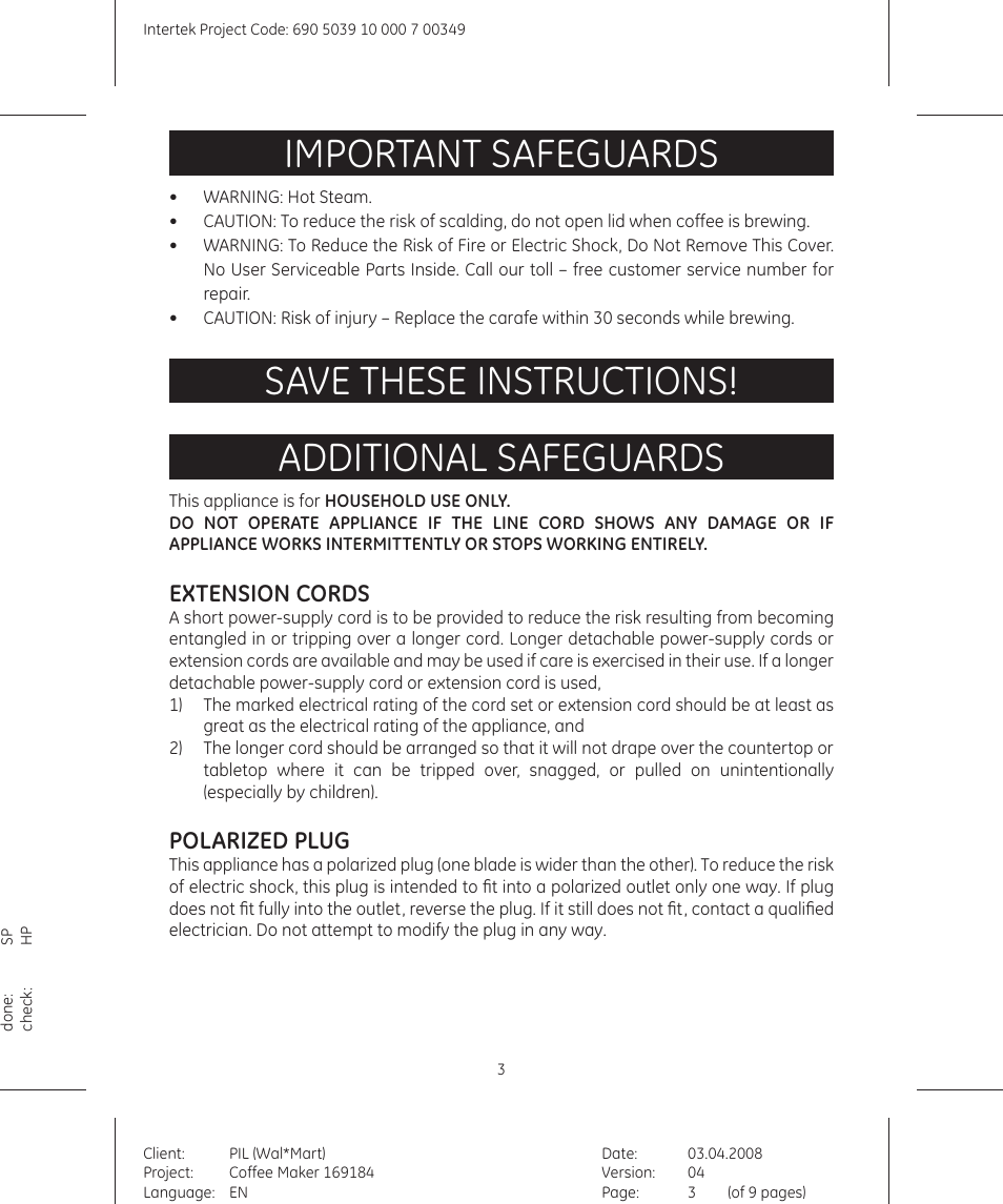 Important safeguards, Save these instructions! additional safeguards, Extension cords | Polarized plug | GE 690503910000700349 User Manual | Page 3 / 9