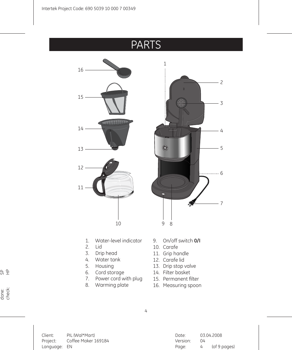 Parts | GE 690503910000700349 User Manual | Page 4 / 9