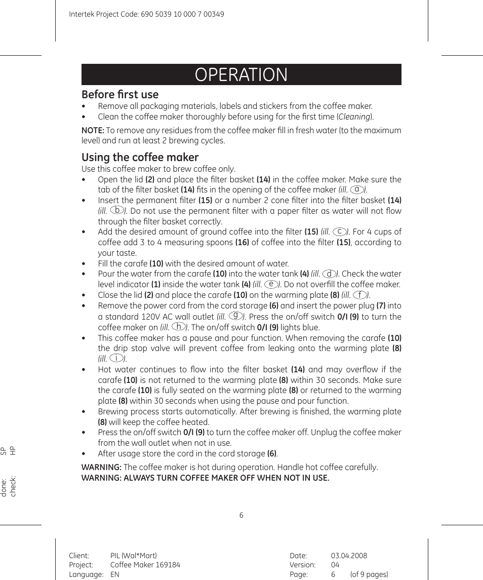 Operation, Before first use, Using the coffee maker | GE 690503910000700349 User Manual | Page 6 / 9