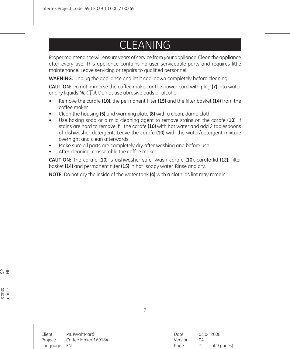 Cleaning | GE 690503910000700349 User Manual | Page 7 / 9