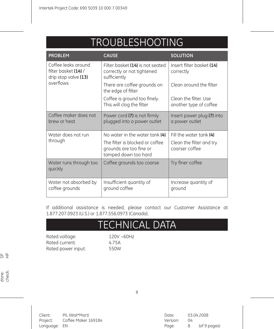 Troubleshooting, Technical data | GE 690503910000700349 User Manual | Page 8 / 9