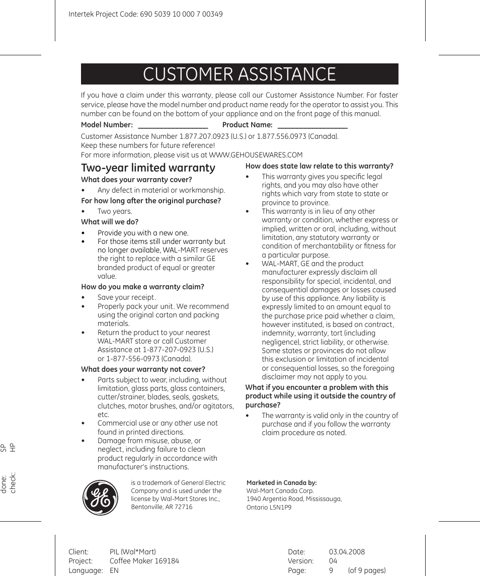 Customer assistance, Two-year limited warranty | GE 690503910000700349 User Manual | Page 9 / 9