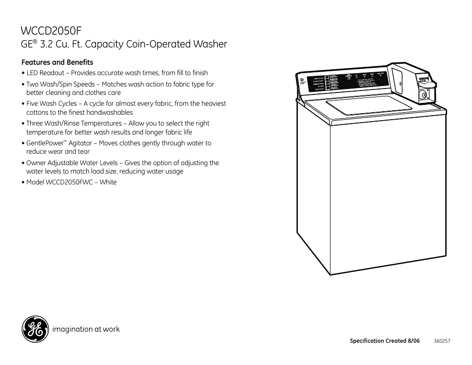 Wccd2050f, 2 cu. ft. capacity coin-operated washer | GE WCCD2050FWC User Manual | Page 2 / 2