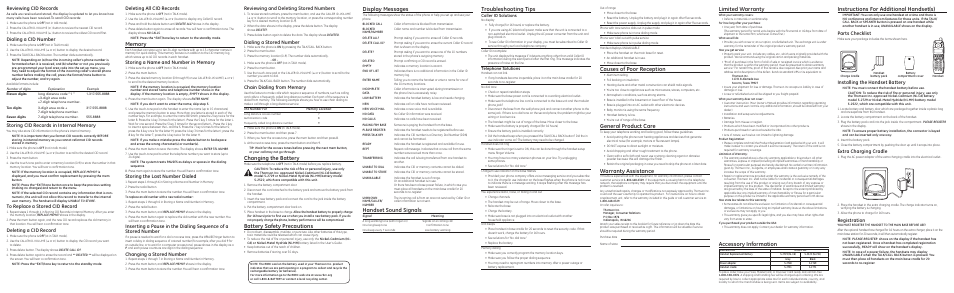 Troubleshooting tips, Limited warranty, Causes of poor reception | General product care, Warranty assistance, Changing the battery, Battery safety precautions, Display messages, Handset sound signals, Instructions for additional handset(s) | GE 25922 Series User Manual | Page 2 / 2