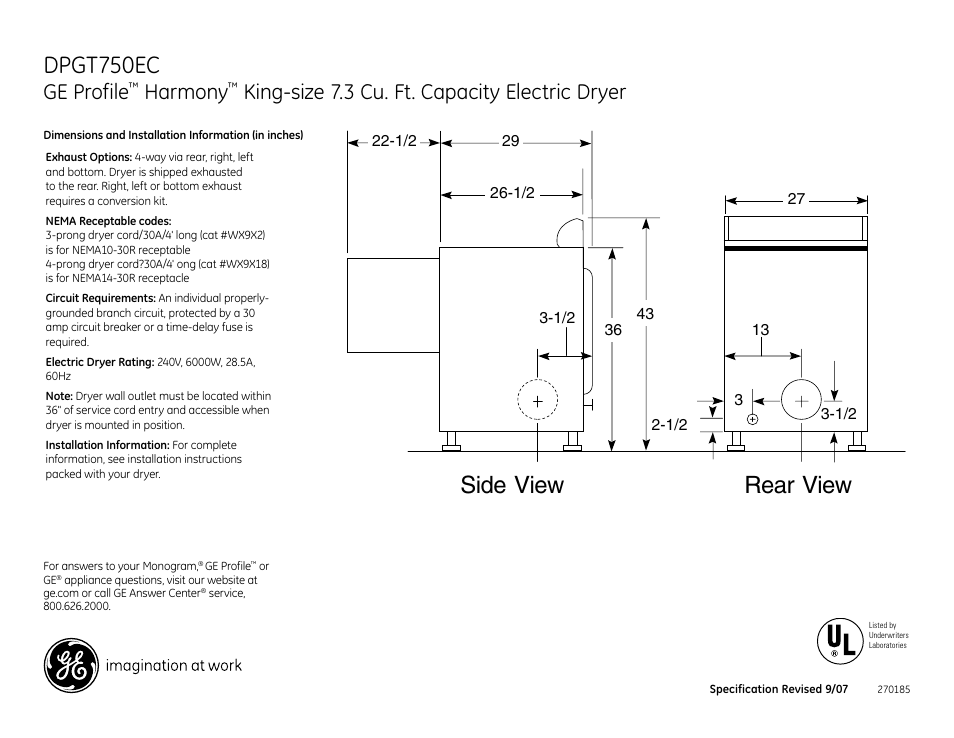 GE DPGT750EC User Manual | 3 pages